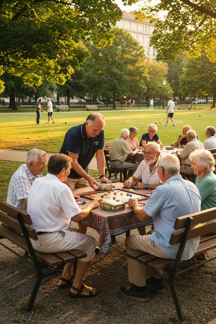 Adults enjoying board games in a social setting